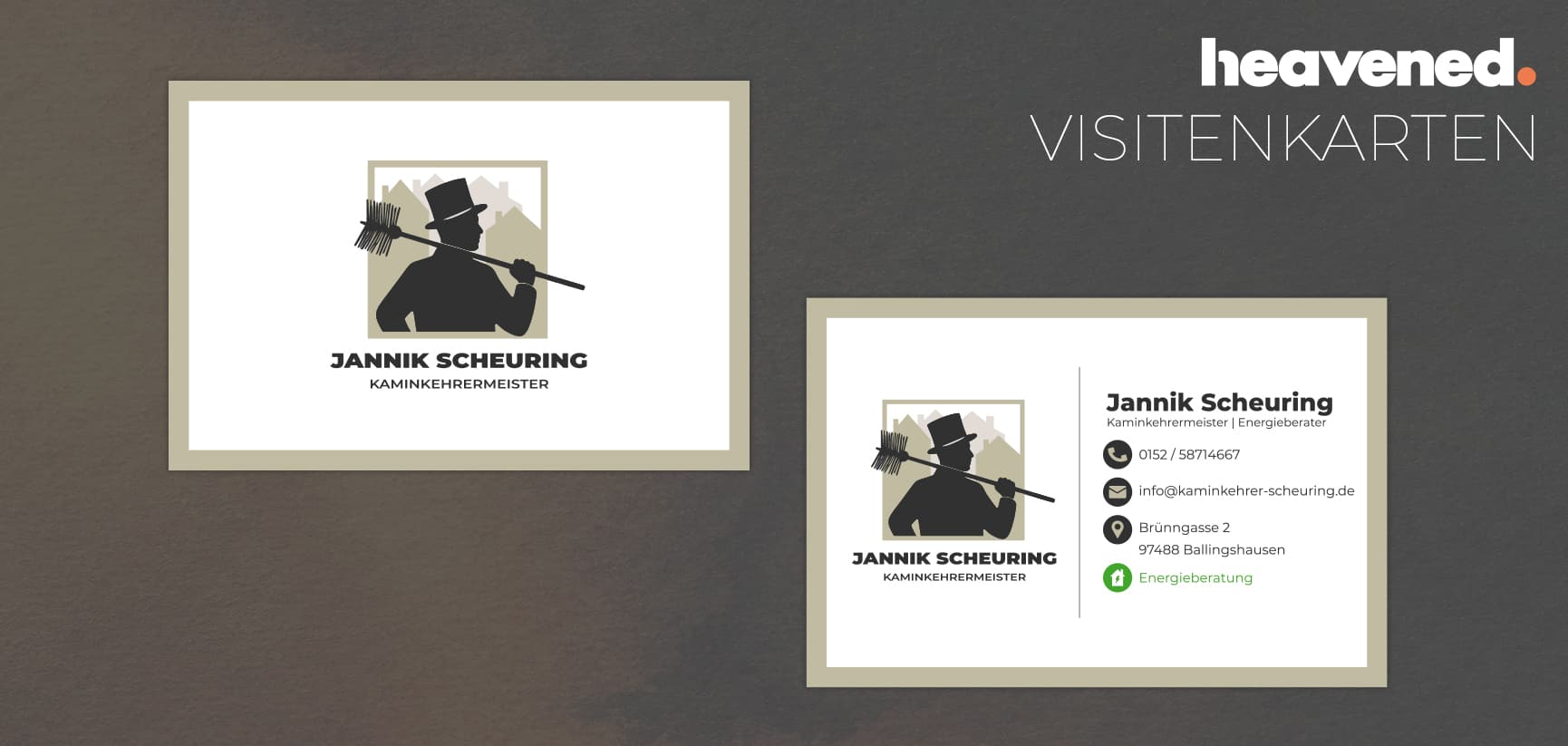 Vistitenkarte Kaminkehrermeister und Energieberater Jannik Scheuring von heavened.